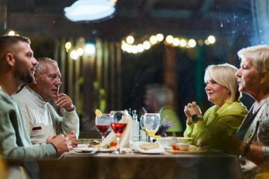 Genç bir torun ve yaşlı bireylerden oluşan bir grup aile dostu modern bir restoranda keyifli bir akşam yemeği yiyorlar. Nesiller arası sağlıklı yaşlanma kavramını örnek gösteriyorlar.