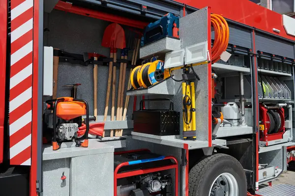 stock image Close-up of essential firefighting equipment on a modern firetruck, showcasing tools and gear ready for emergency response to hazardous fire situations. 