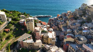 Manarola Köyü Cinque Terre Sahil İtalya. Liguria 'nın renkli kasabası beş Cinque Terre' den biri. Ulusal Park Cinque Terre 'deki Manarola geleneksel İtalyan köyü. Kayaların üzerinde renkli evler var.