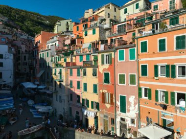 Manarola Köyü Cinque Terre Sahil İtalya. Liguria 'nın renkli kasabası beş Cinque Terre' den biri. Ulusal Park Cinque Terre 'deki Manarola geleneksel İtalyan köyü. Kayaların üzerinde renkli evler var.