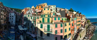 Manarola Köyü Cinque Terre Sahil İtalya. Liguria 'nın renkli kasabası beş Cinque Terre' den biri. Ulusal Park Cinque Terre 'deki Manarola geleneksel İtalyan köyü. Kayaların üzerinde renkli evler var.