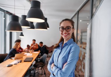 Modern ofis ortamında, sarışın bir iş kadını, stratejik tartışmalar ve karar verme sürecinde meslektaşlarıyla bir toplantı düzenler.. 