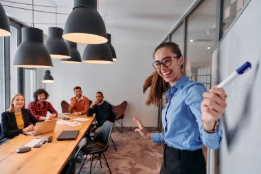 Modern ofis ortamında, sarışın bir iş kadını, stratejik tartışmalar ve karar verme sürecinde meslektaşlarıyla bir toplantı düzenler.. 