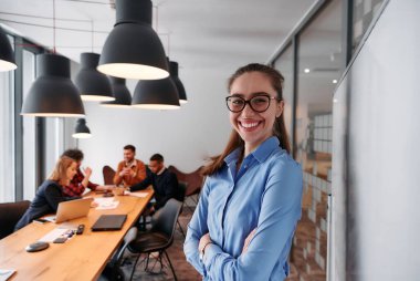 Modern ofis ortamında, sarışın bir iş kadını, stratejik tartışmalar ve karar verme sürecinde meslektaşlarıyla bir toplantı düzenler.. 