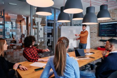 Kurumsal bir kurum kuran bir işadamı, bir toplantı düzenler, özenli ekibine tutkuyla bir iş planı sunar, işbirliği ve stratejik düşünmeyi teşvik eder.. 
