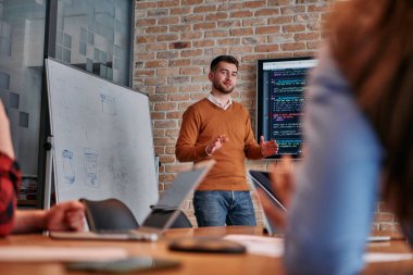 Kurumsal bir kurum kuran bir işadamı, bir toplantı düzenler, özenli ekibine tutkuyla bir iş planı sunar, işbirliği ve stratejik düşünmeyi teşvik eder.. 