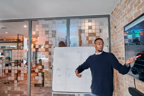 stock image African American businessman delivers a compelling presentation of his business strategy to his colleagues, fostering collaboration and forward thinking.