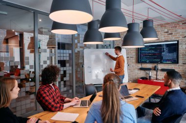 Kurumsal bir kurum kuran bir işadamı, bir toplantı düzenler, özenli ekibine tutkuyla bir iş planı sunar, işbirliği ve stratejik düşünmeyi teşvik eder.. 