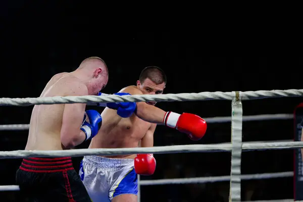 Stock image Two professional boxers trade powerful punches in a fierce and captivating match that tests their strength, skill, and determination. 