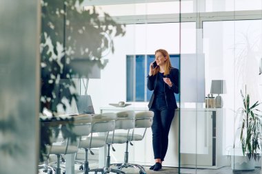 Profesyonel bir iş kadını, çağdaş bir ofis ortamında bulunduğu süre içinde akıllı telefonuyla bir telefon görüşmesi yapar.. 