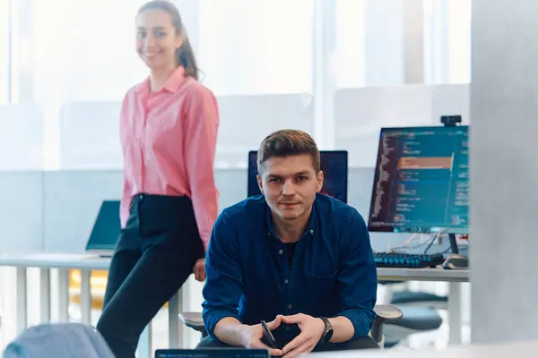 stock image Programming. Man Working On Computer In IT Office, Sitting At Desk Writing Codes. Programmer Typing Data Code, Working On Project In Software Development Company. 