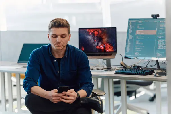 stock image Programming. Man Working On Computer In IT Office, Sitting At Desk Writing Codes. Programmer Typing Data Code, Working On Project In Software Development Company. 