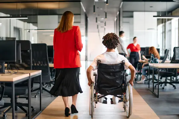 stock image A business leader with her colleague, an African-American businessman who is a disabled person, pass by their colleagues who work in modern offices.