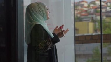 Başörtülü modern Müslüman bir kadın çalışma planını özgüvenle sunar ve çağdaş ofis ortamında iş sorunlarını çözmek için iş arkadaşlarıyla işbirliği yapar..