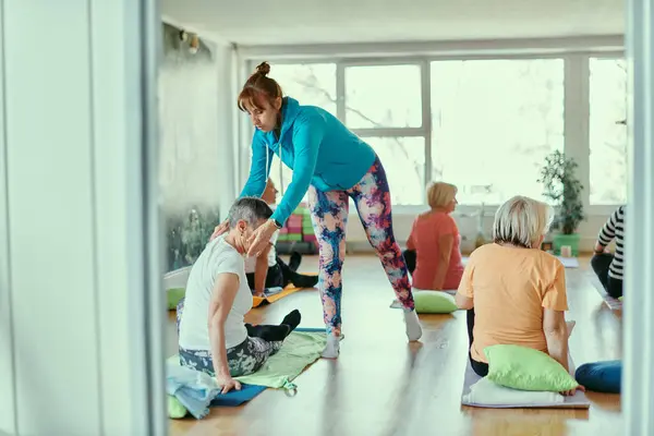 stock image An elderly person is guided by a skilled yoga instructor through gentle exercises designed to enhance flexibility and balance, ensuring a safe and supportive practice.