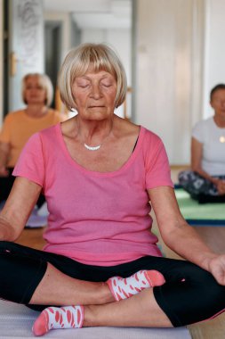 Bu güneşli ortamda, yaşlı bir kadın elleriyle çeşitli yoga pozisyonlarına giriyor, aktif yaşlanma, sağlık ve iç huzurun özünü somutlaştırıyor.. 