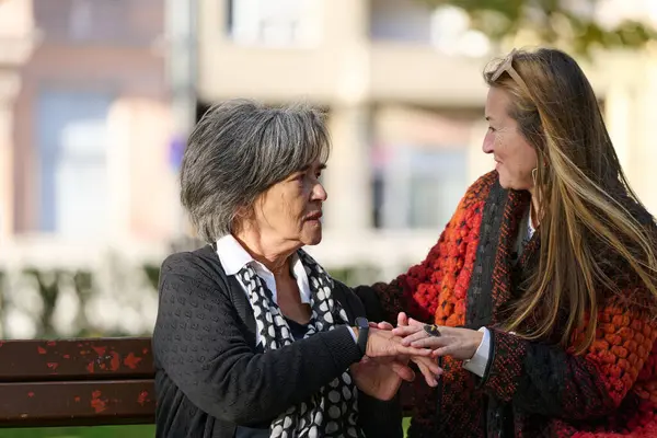 Güzel bir günde, sakin bir parkta, bir kız büyük annesini sevgiyle kucaklıyor, birlikte geçirdikleri güzel bir anı paylaşırken ona destek ve neşe sunuyor..