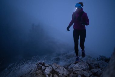 Açık havada egzersiz yapmak aktif yaşam tarzı koşucuları için sağlıklıdır. Sonbahar izleri, doğada koşan bir kadını karanlık ormanda arkadan kovalar. Açık hava koşusu. Yüksek kalite fotoğraf