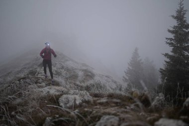 Bir dağda ultra-maraton koşusu için koşan bayan sporcu. Açık havada antrenman yapan koşucu bir kadın aktif ve zinde bir hayat sürüyor. Sabahın erken saatlerinde koşucular silueti.