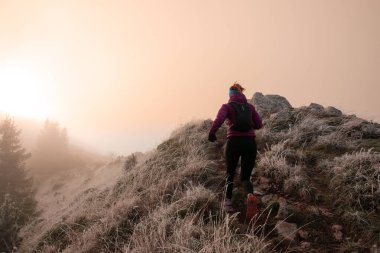 Bir dağda ultra-maraton koşusu için koşan bayan sporcu. Açık havada antrenman yapan koşucu bir kadın aktif ve zinde bir hayat sürüyor. Sabahın erken saatlerinde koşucular silueti.
