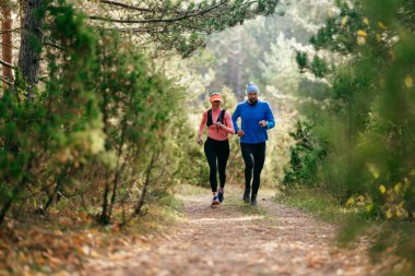 Gülümseyen bir erkek ve kadın, serin bir günde, doğa, fitness ve birbirlerine eşlik ederek, spor giysileri içinde, manzaralı bir orman patikasında birlikte koşarlar..