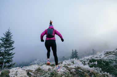 Soğuk ve sisli havada kayalık bir dağ yolunda koşan bir kadın sporcu, sıcak bir ceket, eldiven ve saç bandı giyiyor, dayanıklılık ve kararlılık sergiliyor.. 