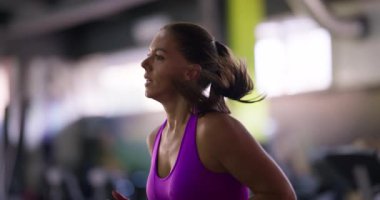 Pembe spor kıyafetli genç bir kadın modern bir spor salonunda koşu bandında koşuyor, kilo vermeye, dayanıklılığı artırmaya ve selüliti azaltmaya odaklanıyor. Formda kalma hedeflerine kendini adamış durumda.