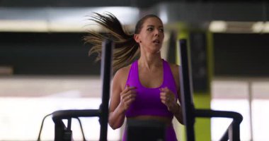 Pembe spor kıyafetli genç bir kadın modern bir spor salonunda koşu bandında koşuyor, kilo vermeye, dayanıklılığı artırmaya ve selüliti azaltmaya odaklanıyor. Formda kalma hedeflerine kendini adamış durumda.