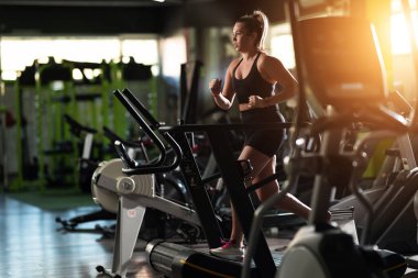 Spor salonunda Koşu bandında Koşan Kadın. Mor spor kıyafeti giyen fit bir kadın spor salonundaki koşu bandında koşuyor. Odaklanmış ama rahat bir ifadesi var. Spor aletleri ve sıcak bir ışığı var.