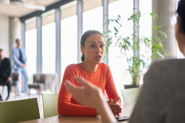 Genç, çeşitli bir iş ekibi modern bir ofiste birlikte oturuyor, fikir ve iş planlarını paylaşıyor, gelecekteki başarı için işbirliği ve yenilikleri teşvik ediyor.