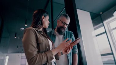 Yaratıcı milenyumlar, sıradan iş adamları, küçük işletme sahipleri, sosyal medya stratejisi ve marka geliştirme üzerinde çalışan modern, açık bir ofis ortamında dijital tabletle