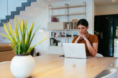 Oturma odasında oturan bir kadın bilgisayarla kameraya bakıyor iş arkadaşlarıyla görüntülü konuşma, vesikalık fotoğraf. İş görüşmesi soruları yanıtlıyor