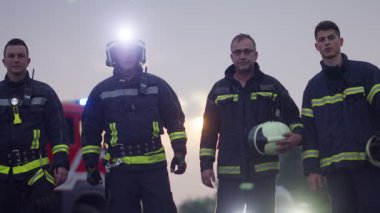 Cesur İtfaiyeciler Ekibi Kameraya Yürüyor. Arka plan Sağlık Ekibi ve İtfaiyeci Kurtarma Ekibi Araba Kazası, Sigorta ve Hayat Kurtarma konseptinde İtfaiyeye Karşı. Yüksek kalite fotoğraf