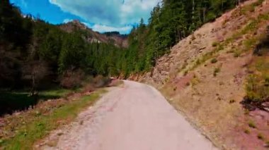 FPV insansız hava aracı yoğun ladin ve çam ormanlarının üzerinden yükselerek dramatik uçurumları, geniş arazileri ve çarpıcı bir gökyüzü ufkunu gözler önüne seriyor..