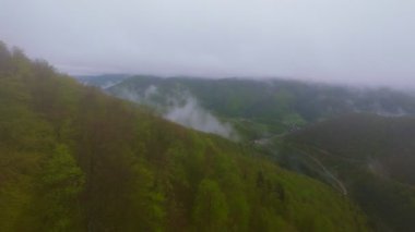 Bereketli ormanlarla kaplı sisli yeşil dağların havadan görünüşü bulutlu bir gökyüzünün altında sürüklenen sis seyahat, macera ve doğa turizmi için mükemmel doğal bir manzara yaratıyor..