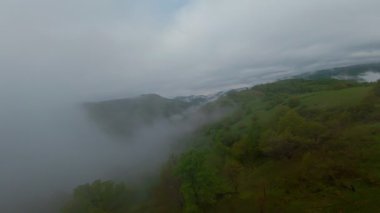 Bereketli yeşil orman dağlarının hava manzarası sisli ve alçak asılı bulutların altında kasvetli bir bulutun altında sakin ve gizemli bir doğal manzara yaratıyor..