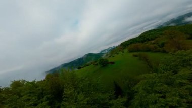 Bereketli yeşil orman dağlarının hava manzarası sisli ve alçak asılı bulutların altında kasvetli bir bulutun altında sakin ve gizemli bir doğal manzara yaratıyor..