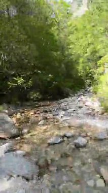 Dik, yıpranmış uçurum duvarlarıyla çevrili sığ bir akıntıyla dar kayalık kanyon dramatik, güneşli bir manzarada doğal erozyon ve macera yakalıyor. Dikey hava fpv