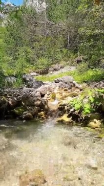 Dik, yıpranmış uçurum duvarlarıyla çevrili sığ bir akıntıyla dar kayalık kanyon dramatik, güneşli bir manzarada doğal erozyon ve macera yakalıyor. Dikey hava fpv