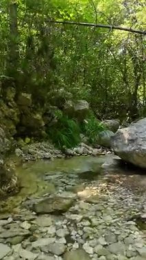 Dik, yıpranmış uçurum duvarlarıyla çevrili sığ bir akıntıyla dar kayalık kanyon dramatik, güneşli bir manzarada doğal erozyon ve macera yakalıyor. Dikey hava fpv