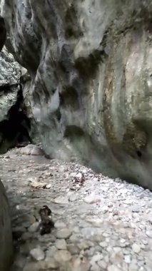 Dik, yıpranmış uçurum duvarlarıyla çevrili sığ bir akıntıyla dar kayalık kanyon dramatik, güneşli bir manzarada doğal erozyon ve macera yakalıyor. Dikey hava fpv