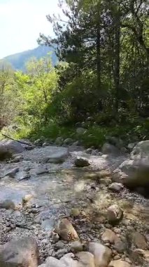Dik, yıpranmış uçurum duvarlarıyla çevrili sığ bir akıntıyla dar kayalık kanyon dramatik, güneşli bir manzarada doğal erozyon ve macera yakalıyor. Dikey hava fpv