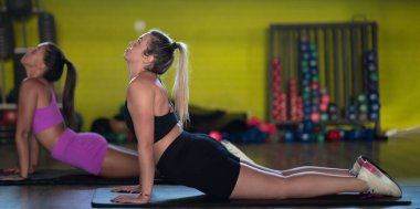 İki fitness kadını spor salonunda esnek ve sağlıklı olma yolunda birbirlerine destek olurlar.
