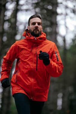 Kırmızı ceket giyen bir adam uzun çam ağaçları ve sonbahar yapraklarıyla çevrili bir orman yolunda koşuyor. Sakin orman yolu, güz mevsiminde doğada barışçıl bir doğa aktivitesi olduğunu gösteriyor.