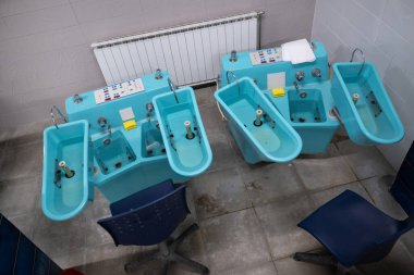 Spa Kliniğindeki hidroterapi makineleri. Klinik bir ortamda modern hidroterapi ekipmanları, rehabilitasyon merkezlerinde el ve ayak tedavisi için kullanılır.