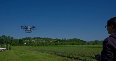 Yenilikçi bir dişi çiftçi, günbatımında bir tarlanın ortasında dikilirken, tarım arazilerini modern akıllı tarım uygulamalarının bir parçası olarak incelemek ve izlemek için hava teknolojisini kullanır..