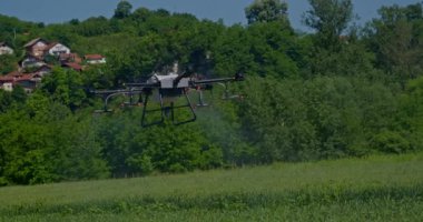 Kırsal ortamlardaki gelişmiş tarım teknolojisi ve hassas tarım tekniklerini vurgulayarak, ekin izleme veya spreyleme görevi sırasında ekili bir tarla üzerinde uçan hava aracı..