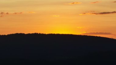 Gün batımında parlayan güneş, sıcak turuncu gökyüzü ve uzun çam ağaçları olan manzaralı orman silueti. Huzurlu, sakin doğa manzarası sakinlik, sükunet ve güzellik temaları için mükemmeldir.