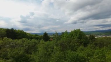 Güneşin doğuşunda yemyeşil bir vadinin hava manzarası sisli tepeler, orman ağaçları ve yumuşak sabah ışığı. Seyahat, ekolojik maceralar ve manzaralı kaçışlar için mükemmel güzel, sinematik bir manzara.