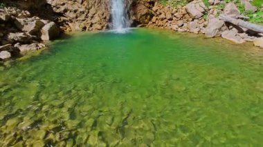 Bereketli yeşil ağaçlar ve ormanlarla çevrili kayalık bir uçurumdan şelalenin havadan görünüşü güneşli bir yaz gününde yumuşak FPV insansız hava aracıyla çekilmiştir, doğa için mükemmeldir.